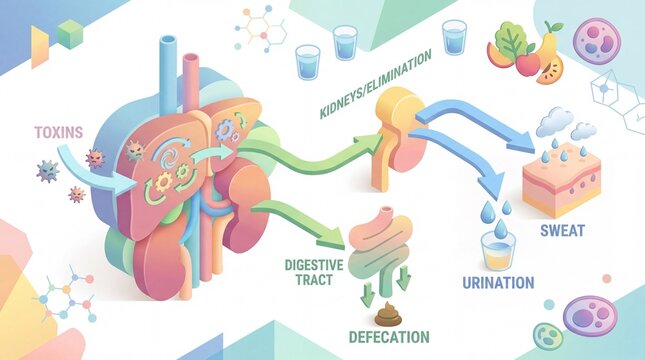 Illustration of the human body's detoxification process and waste elimination