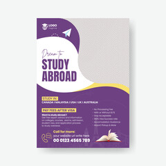 Fototapeta premium Study Abroad Scholarship Print Flyer Poster Layout Featuring International Education Services Student Visa Application Guidance University Admission Promotion Academic Brochure Cover