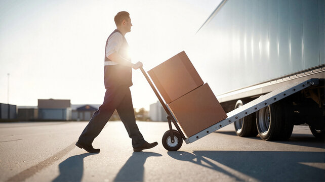 Man pushing a dolly with boxes in logistics area during sunset  