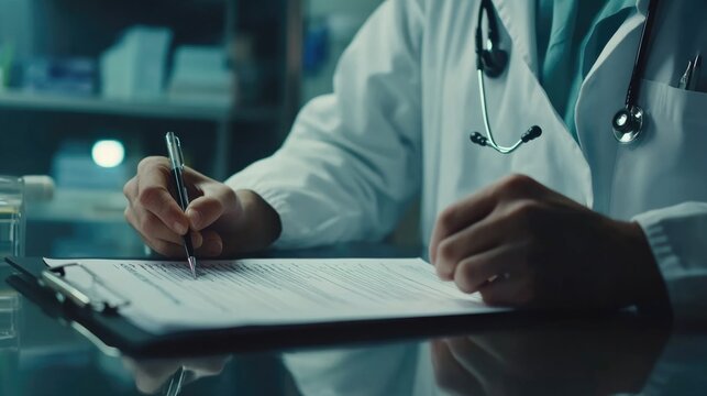 Doctor working and taking note information of patient on medical document on clipboard in medical room of hospital. Filling insurance claim form or prescription