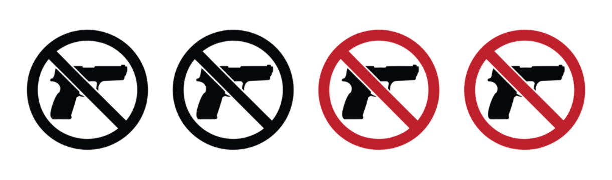 No weapon icon set, featuring guns and prohibited firearm symbols, vector illustration on white background for security notices, law enforcement communication, and safety regulation graphics.