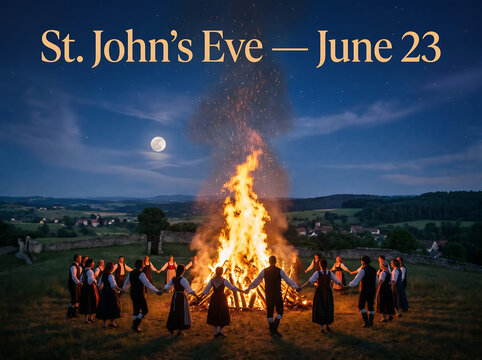 People gathered around large bonfire celebrating St. John's Eve on June 23 at night