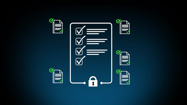 Glowing Businessman checking digital checklist on tablet with secure lock icon, concept of compliance and data protection. glowing complience check list and 4k motion graphics video .