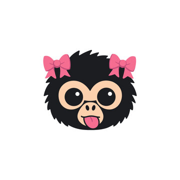 Funny kawaii monkey girl face with pink bows and playful expression. Perfect for kids prints, stickers and cute nursery designs.