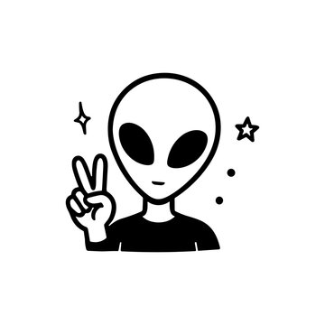 Cute alien illustration in minimalist kawaii style with peace sign and cosmic elements. Perfect for stickers, posters and trendy merch.