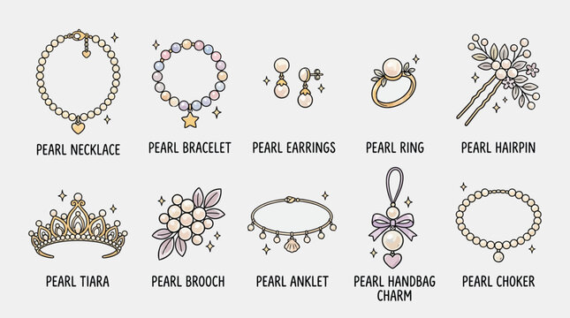 Collection of elegant pearl jewelry and accessories, including necklaces, bracelets, earrings, rings, tiaras, brooches, anklets, hairpins, and handbag charms.