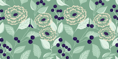 Seamless floral pattern with stylized cream flowers, soft green leaves and dark berries on a muted sage background. Elegant botanical repeat for textiles, wallpaper, packaging and decor © incarnadine