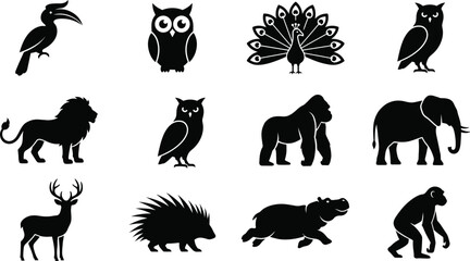 Wild animals and birds black silhouettes set featuring lion elephant gorilla owl peacock deer hornbill and hippo isolated on white background © MdMonowar