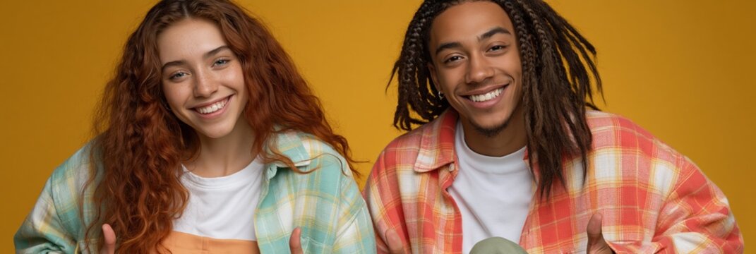 Young duo smiling and giving thumbs up in yellow studio