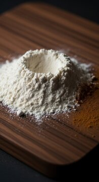 Flour pile, white powder, wooden cutting board, baking ingredient