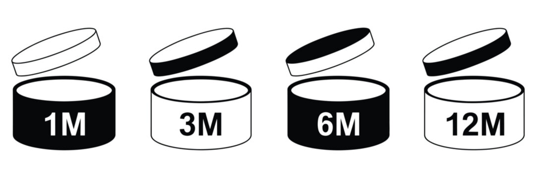 Open cosmetic jar PAO indicator icons for beauty packaging expiration period, line art design set featuring cosmetic cream jars with open lids and 1M, 3M, 6M, 12M month PAO symbols for skincare 
