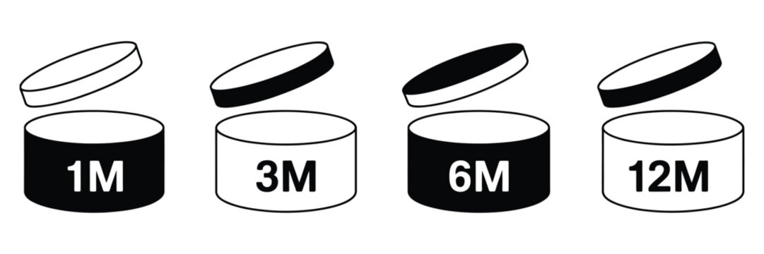 Open cosmetic jar PAO indicator icons for beauty packaging expiration period, vector line art set including cosmetic cream jars with open lids and 1M, 3M, 6M, 12M month symbols for cosmetic product 