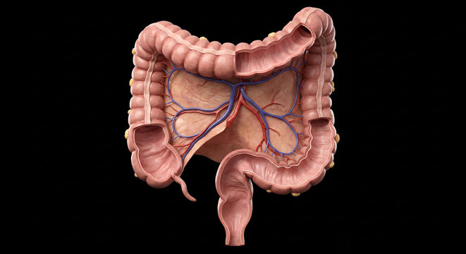 Human large intestine (colon) anatomy with cutaway view revealing internal lumen and superior mesenteric vasculature, including appendix and rectum, on black background.