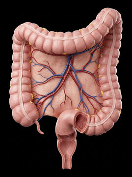 Human large intestine with superior and inferior mesenteric arteries and veins, including epiploic appendices, rectum, and anal canal, normal anatomy on black background.