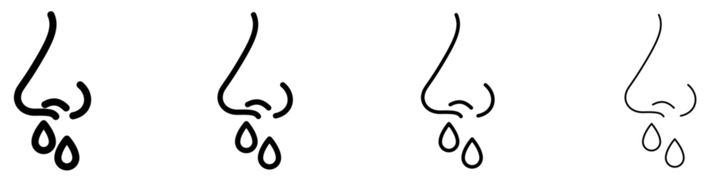 Line icons of a nose with a runny nose or bleeding. Black elements of different stroke weights. Vector illustration.