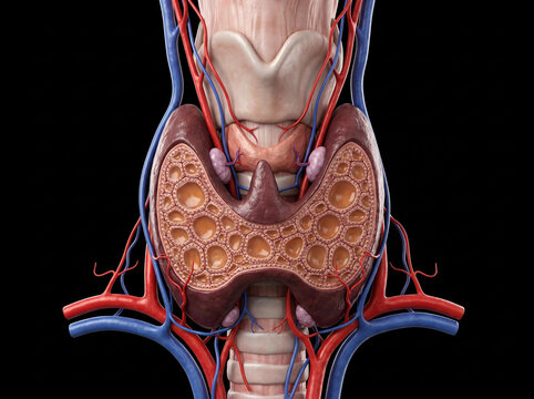 Human thyroid gland anterior view showing internal follicular structure, trachea, parathyroid glands, carotid arteries, and jugular veins on black background.
