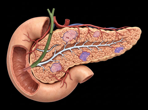 Pancreas and duodenum normal human anatomy with detailed internal structures showing pancreatic islets, pancreatic duct, common bile duct, and associated blood vessels on black background.