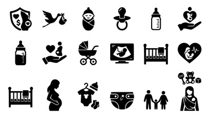 Obraz premium Pregnancy and Baby Care Glyph Icon Set Featuring Pregnant Woman, Ultrasound Screening, Crib, Stork, Pacifier, and Stroller Symbols for Maternity Healthcare Website Interfaces