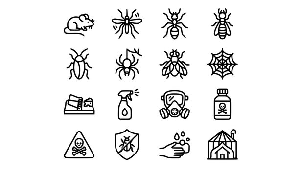 Pest Control and Insect Extermination Line Icon Set Featuring Rodents, Cockroaches, Spiders, Bug Sprays, Protective Masks, and Chemical Trap Symbols for Sanitation Services