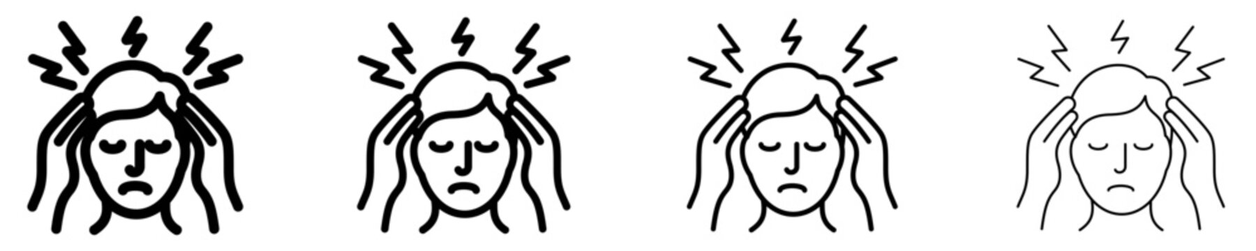 Line icons of a person holding their head due to a severe headache or migraine. Black icons of different stroke weights. Vector illustration.