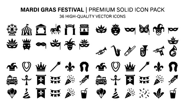 Mardi Gras Festival Premium Solid Icon Set Featuring Masquerade Masks, Jester Hats, Brass Instruments, Crowns, and Parade Float Symbols for Carnival Celebration Party Graphic Designs