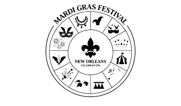 Mardi Gras Festival New Orleans Celebration Emblem Featuring Fleur De Lis, Masquerade Mask, Jester Hat, and Carnival Line Symbols Arranged in a Decorative Circular Frame