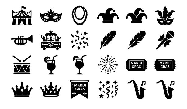 Mardi Gras New Orleans Carnival Celebration Glyph Icon Set Featuring Masquerade Mask, Jester Hat, Parade Float, Cocktail, and Festive Musical Symbols for Event Website Interfaces