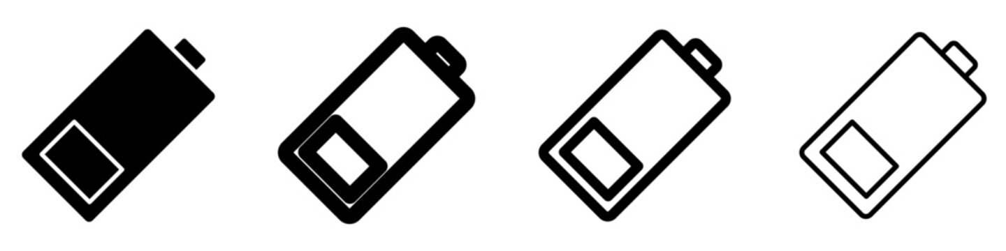 Line icons of a battery with a low charge level at an angle. Black icons of different stroke weights. Vector illustration.