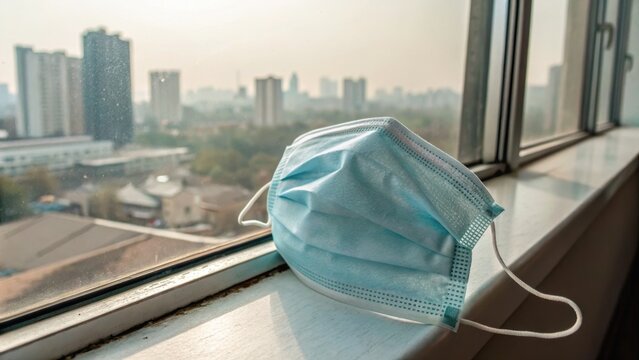 A disposable face mask rests on a windowsill overlooking a cityscape under a hazy sky, symbolizing urban life and health precautions during pollution or a pandemic.