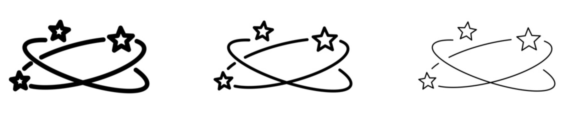 Line icons of spinning stars in a circle, symbolizing dizziness, disorientation, or impact. Black icons of different stroke weights. Vector illustration.