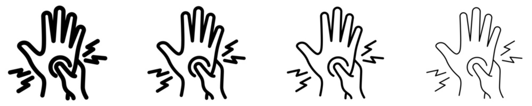 Line icons of a hand massaging the palm of another hand due to pain, numbness, or joint syndrome. Black icons of different stroke weights. Vector illustration.