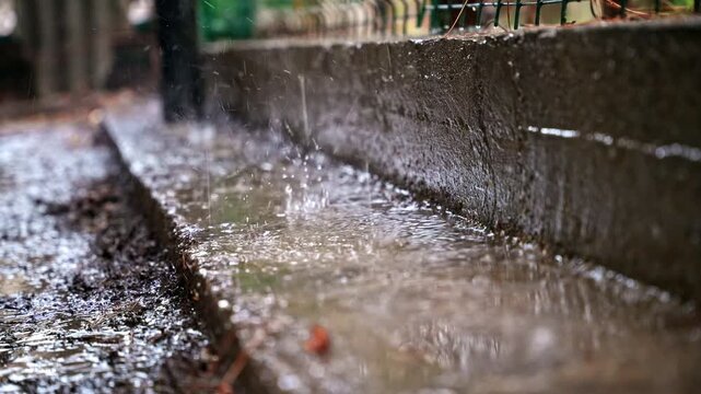 Close up macro view of heavy rain drops splashing on wet concrete curb in urban street. City rainfall scene with water puddles and motion.