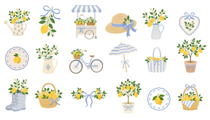 Obraz premium Elegant lemon-themed summer illustration set featuring blue ribbons, floral accents, bicycle, straw hat, striped bag, umbrella, and lemon tree in soft pastel Mediterranean cottagecore style.