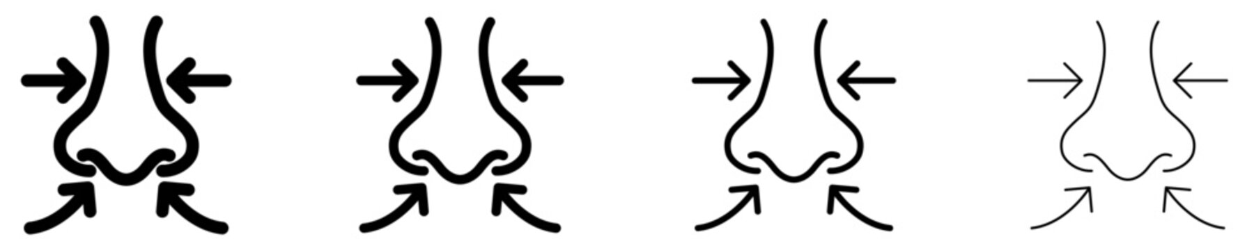 Line icons of a human nose with arrows pointing at it, symbolizing nasal congestion, runny nose, shape correction, or rhinoplasty plastic surgery. Black icons of different stroke weights. Vector illus