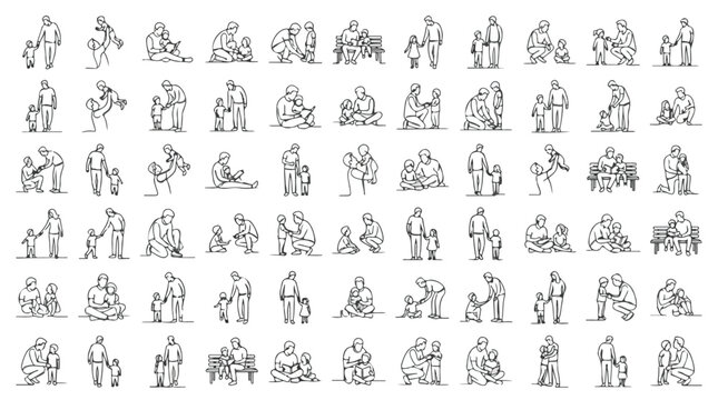 Minimalist line art people icons, set of 60 father and child vector silhouettes, black and white family sketches for architectural diagrams