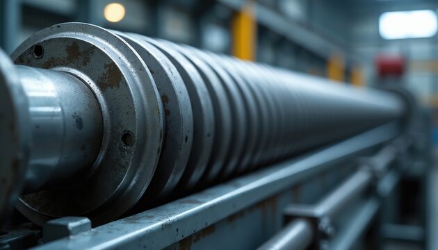 Close view of spiral metal screw conveyor part. Heavy industry machine component for material transport. Industrial manufacturing equipment detail.