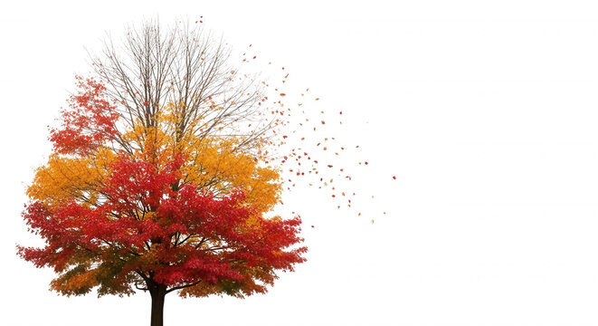 A deciduous tree transitioning from vibrant red and orange autumn leaves to bare white branches, with falling leaves on a black background