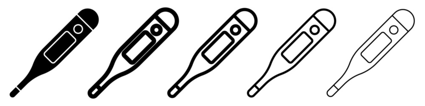 Set of icons of a digital medical thermometer for temperature measurement. Vector illustration.