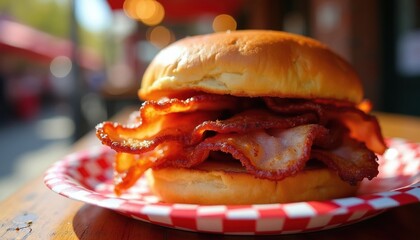 Fototapeta premium Juicy peameal bacon sandwich on bun served on checkered paper plate. Pork loin meat is thick cut grilled with crispy crust. Close up on tasty fast food meal.