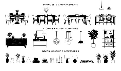 Obraz premium Modern Interior Design Silhouette Element Set Featuring Dining Tables, Storage Consoles, Pendant Lighting Fixtures, Houseplants, and Home Decorative Accessories