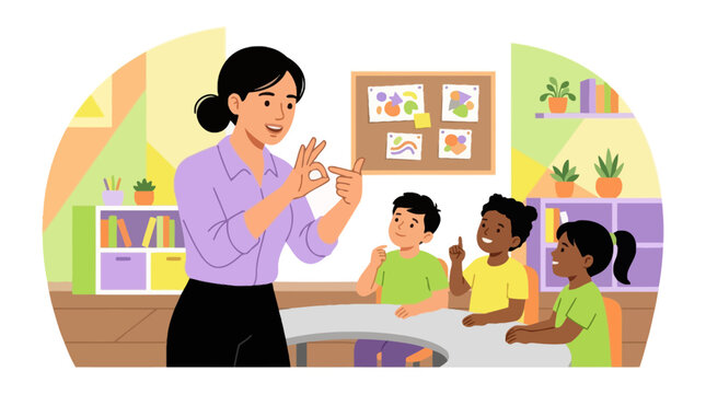 A dedicated teacher instructing young diverse children in a classroom setting.