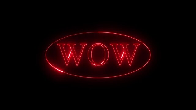 Red neon wow text sign inside oval light frame on black. Entertainment text sign symbol for creative retail boutique discount promotion. Digital neon sign animation for marketing.