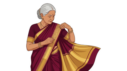 Obraz premium Illustration of an elegant elderly Indian woman adjusting her traditional saree. EPS Editable. Vector Illustrations.