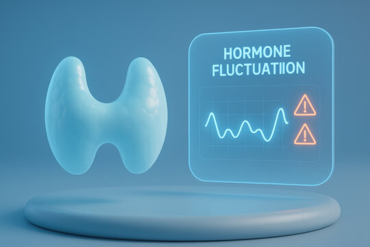 Floating endocrine gland with futuristic screen showing concerning hormone fluctuation graph. This minimal composition with soft glow indicates medical warning