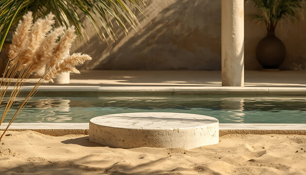 A serene poolside scene with a marble podium on sandy ground surrounded by pampas grass and palm trees in warm sunlight