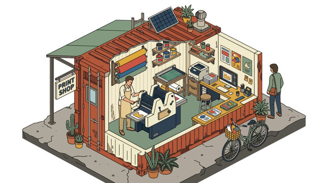 Isometric illustration of a small artisan print shop business. EPS Editable. Vector Illustrations.
