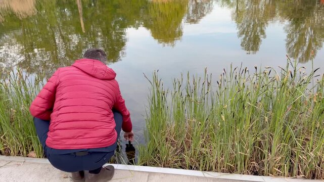 Man splashing water to feed fish swimming nearby in lake among reeds, vertical video