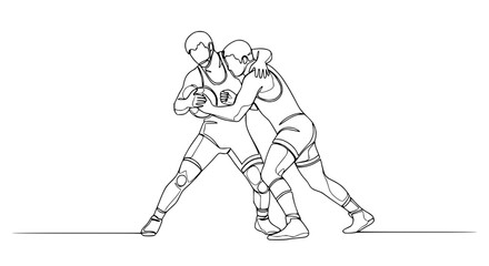 Obraz premium Continuous line drawing of two wrestlers grappling during a match, athletic struggle, sport concept.