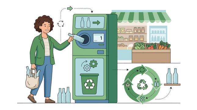 Woman recycling glass bottles in a reverse vending machine. EPS Editable. Vector Illustrations.