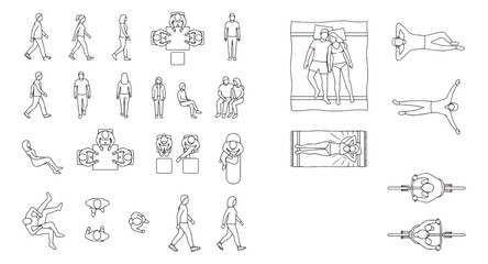 Architectural scale figures in top view and elevation, minimalist line art people vector set, human silhouettes for floor plans and sections © Chaudhary